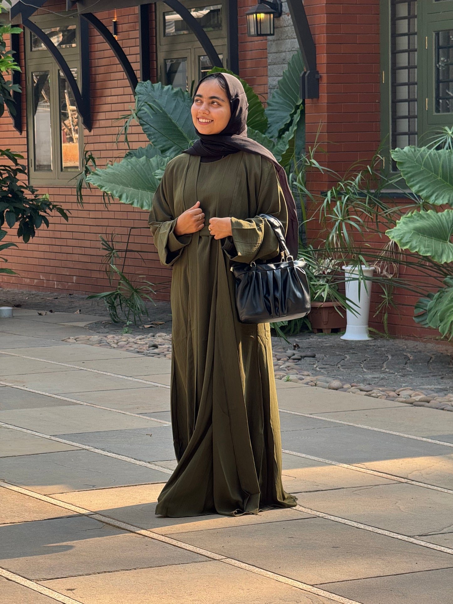 CEY Crush Overcoat Abaya Set - Mehandi Green - RF Abayas