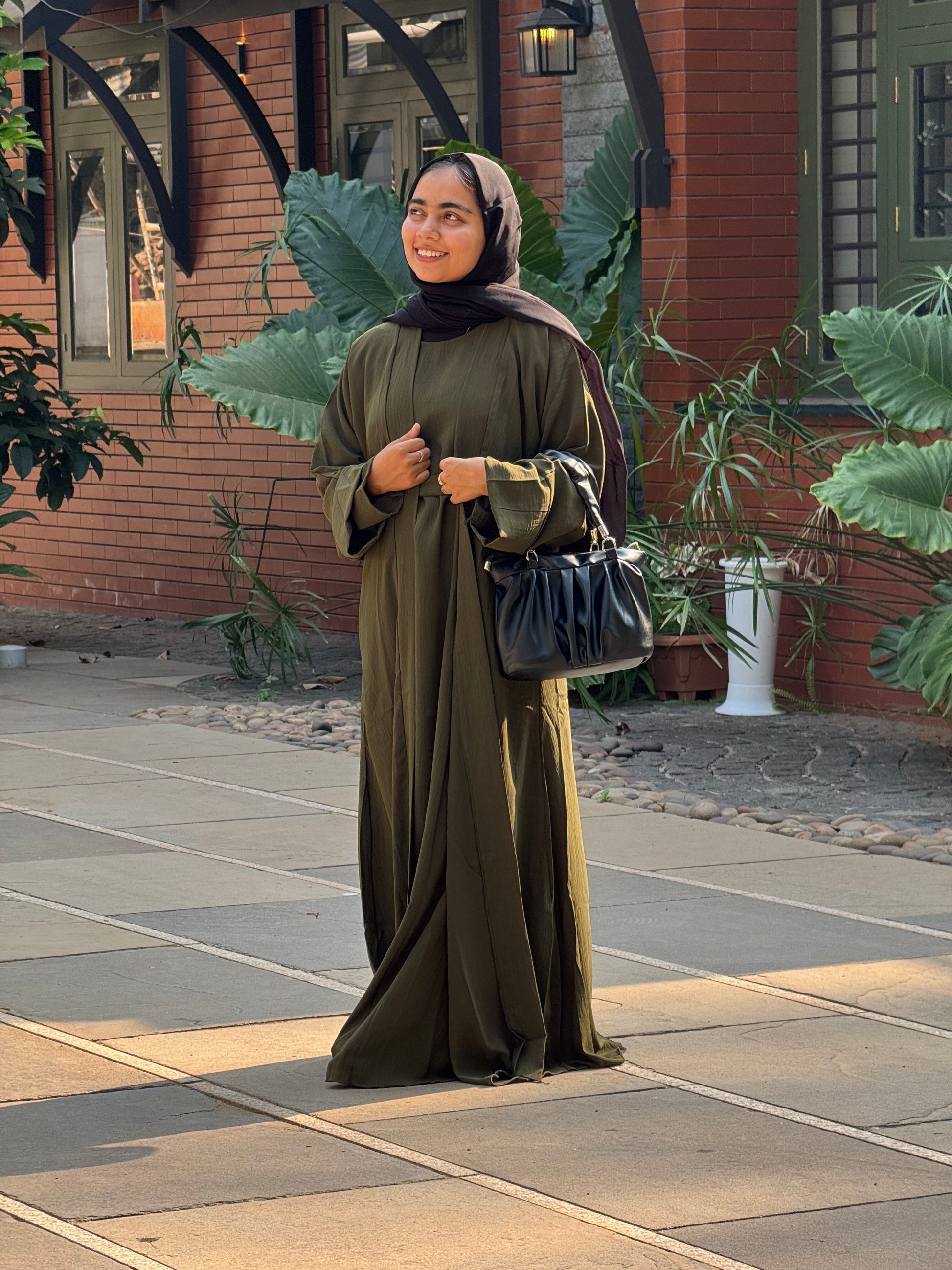 CEY Crush Overcoat Abaya Set - Mehandi Green - RF Abayas