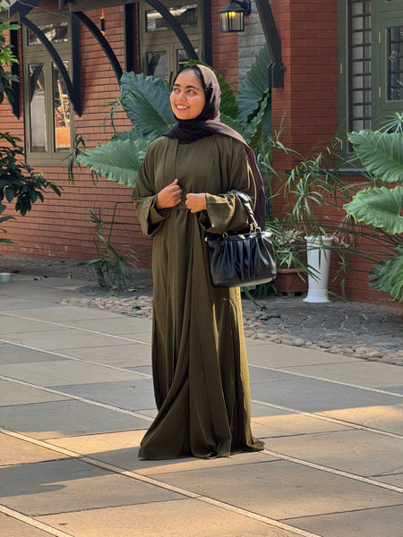 CEY Crush Overcoat Abaya Set - Mehandi Green - RF Abayas
