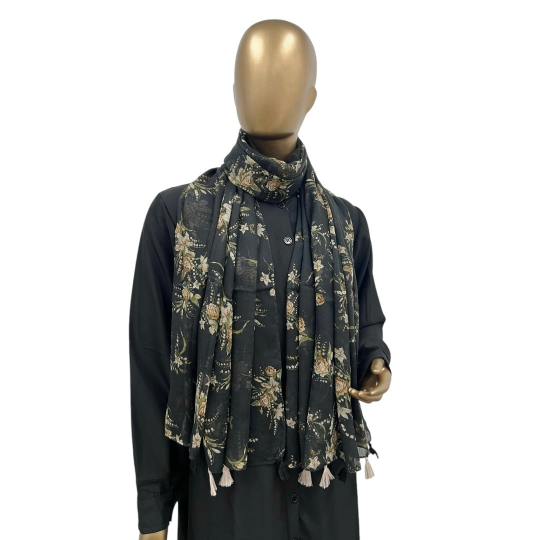 Navy blue cotton floral hijab with tassels from RF Abayas, featuring a lightweight and elegant design for modest fashion.