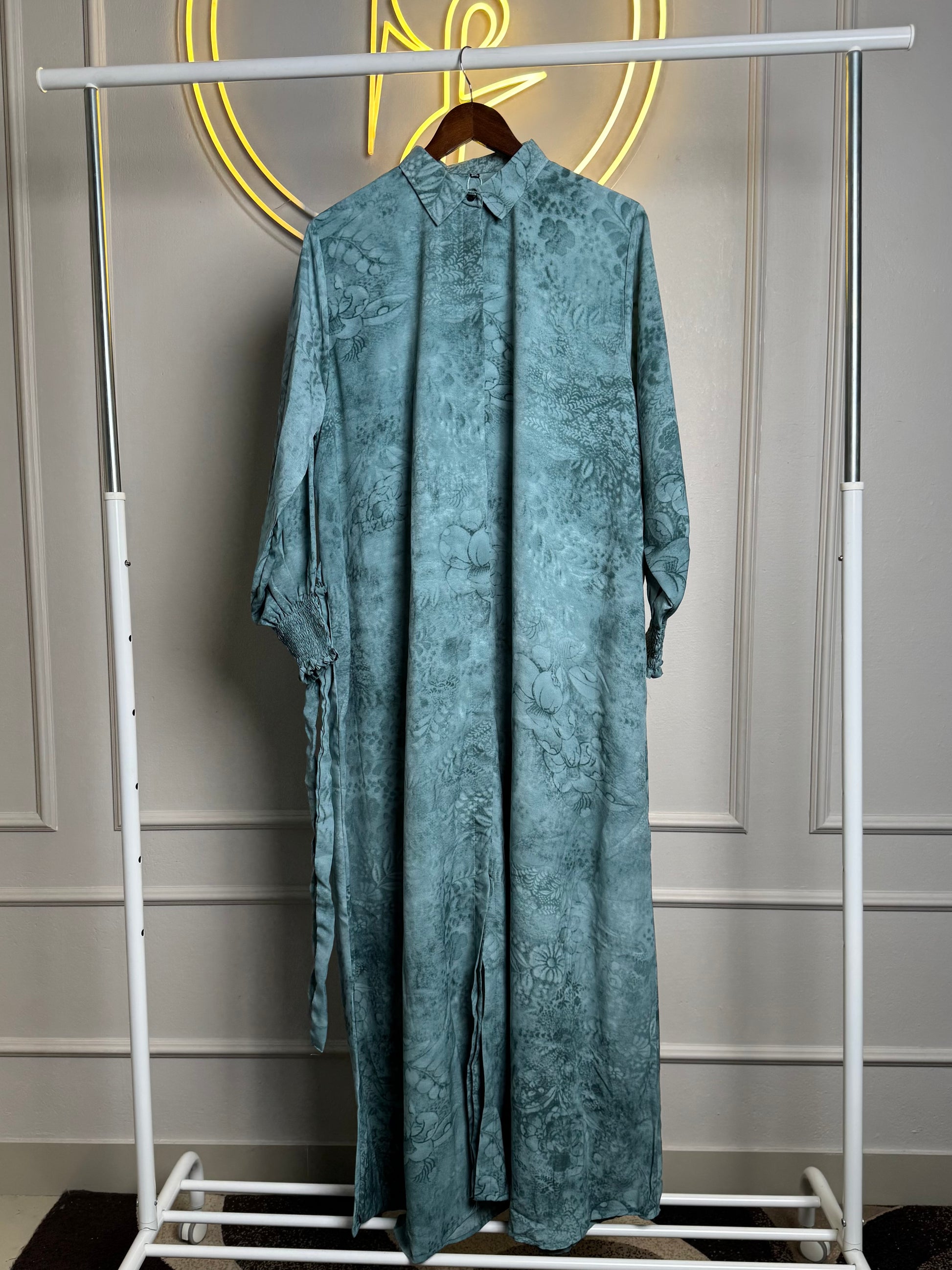 Dusty Turquoise Shirt-Collar Maxi Dress – 56” Length (XXL & XXXL) - RF Abayas