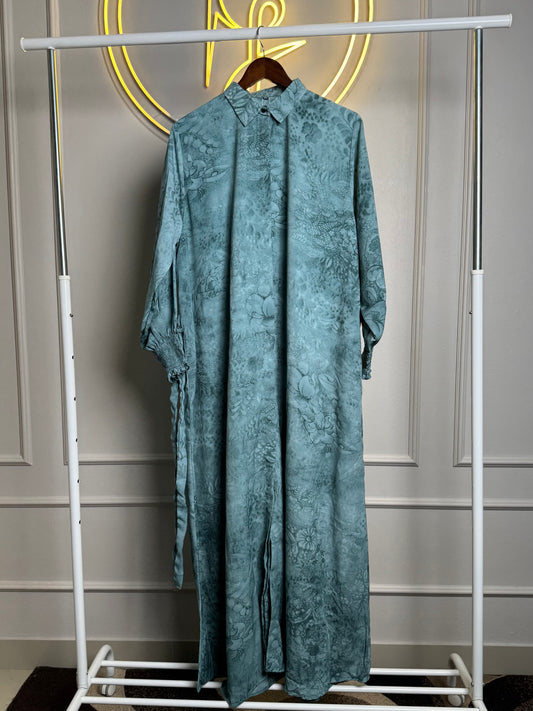 Dusty Turquoise Shirt-Collar Maxi Dress – 56” Length (XXL & XXXL) - RF Abayas