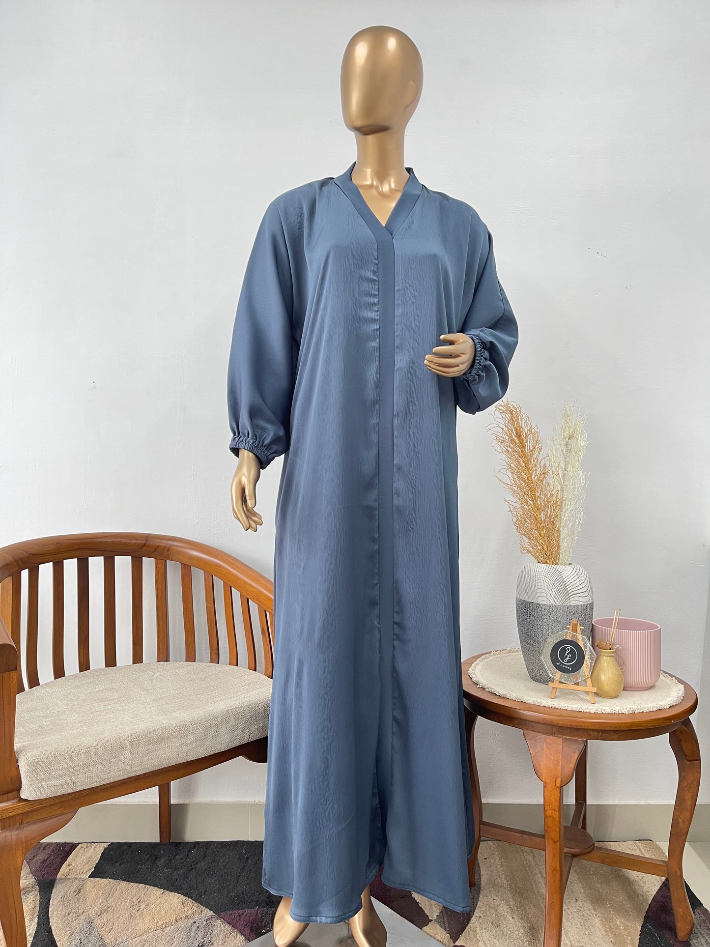 RF Abayas Everyday Comfort TikTok Abaya in dark slate blue, featuring elegant flowing fabric and modest design.