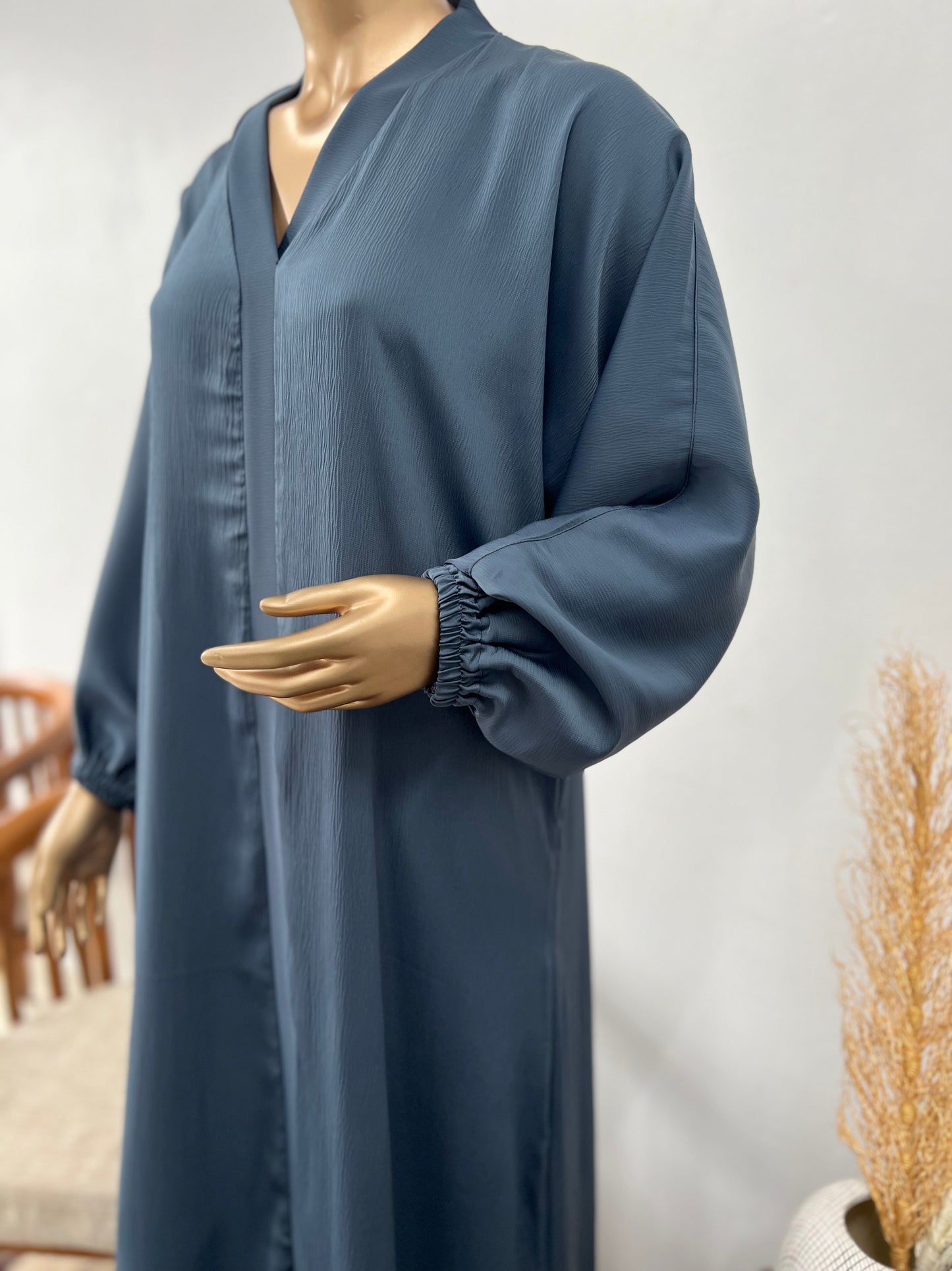 Dark slate blue RF Abayas Everyday Comfort TikTok Abaya, stylish Islamic dress with long sleeves and modest design.