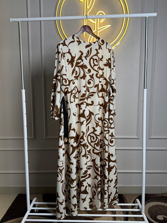 Imported Brown & Cream Baroque Print Maxi Dress 55” Length- 2XL & 4 XL Size - RF Abayas