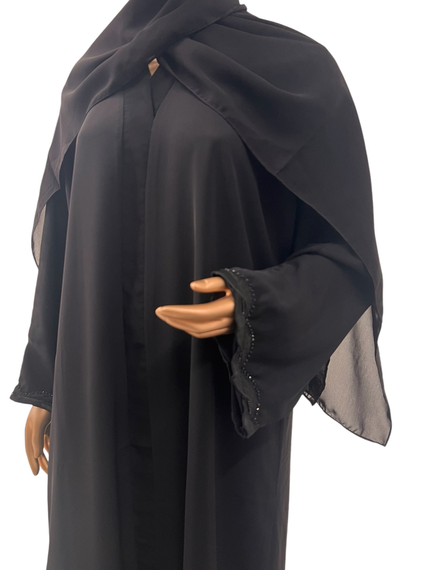Korean Nida Abaya with Black bead lace work on sleeves - RF Abayas