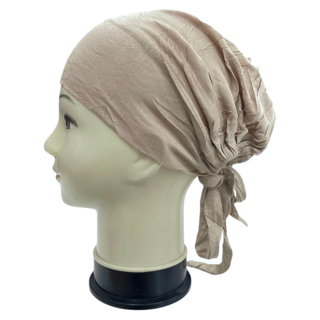 Black Malaysian Tying Cap hijab under cap by RF Abayas, lightweight head covering for modest fashion styling.