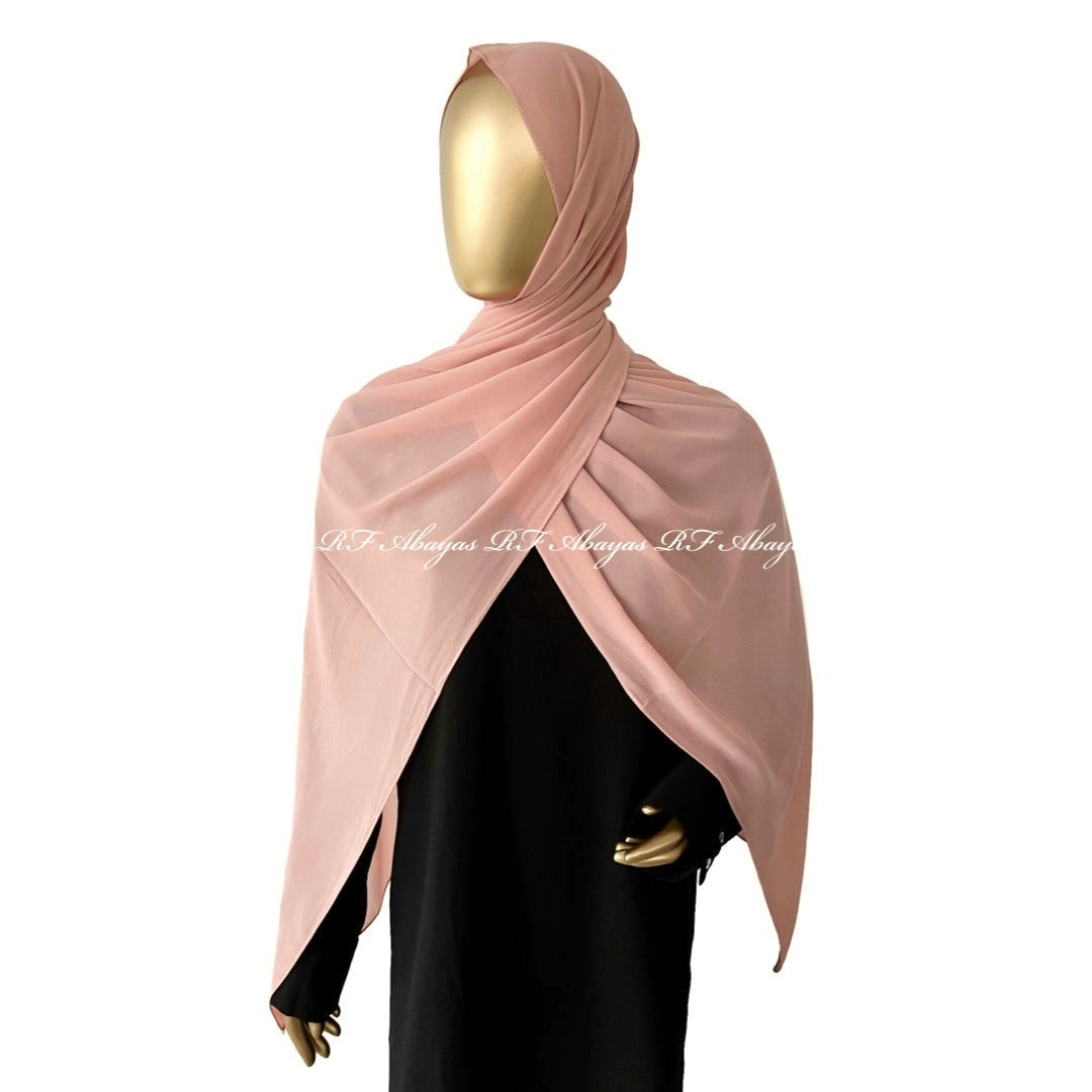 Slate-colored RF Abayas premium Malaysian Georgette hijab draped elegantly, showcasing lightweight, soft fabric and stylish design.
