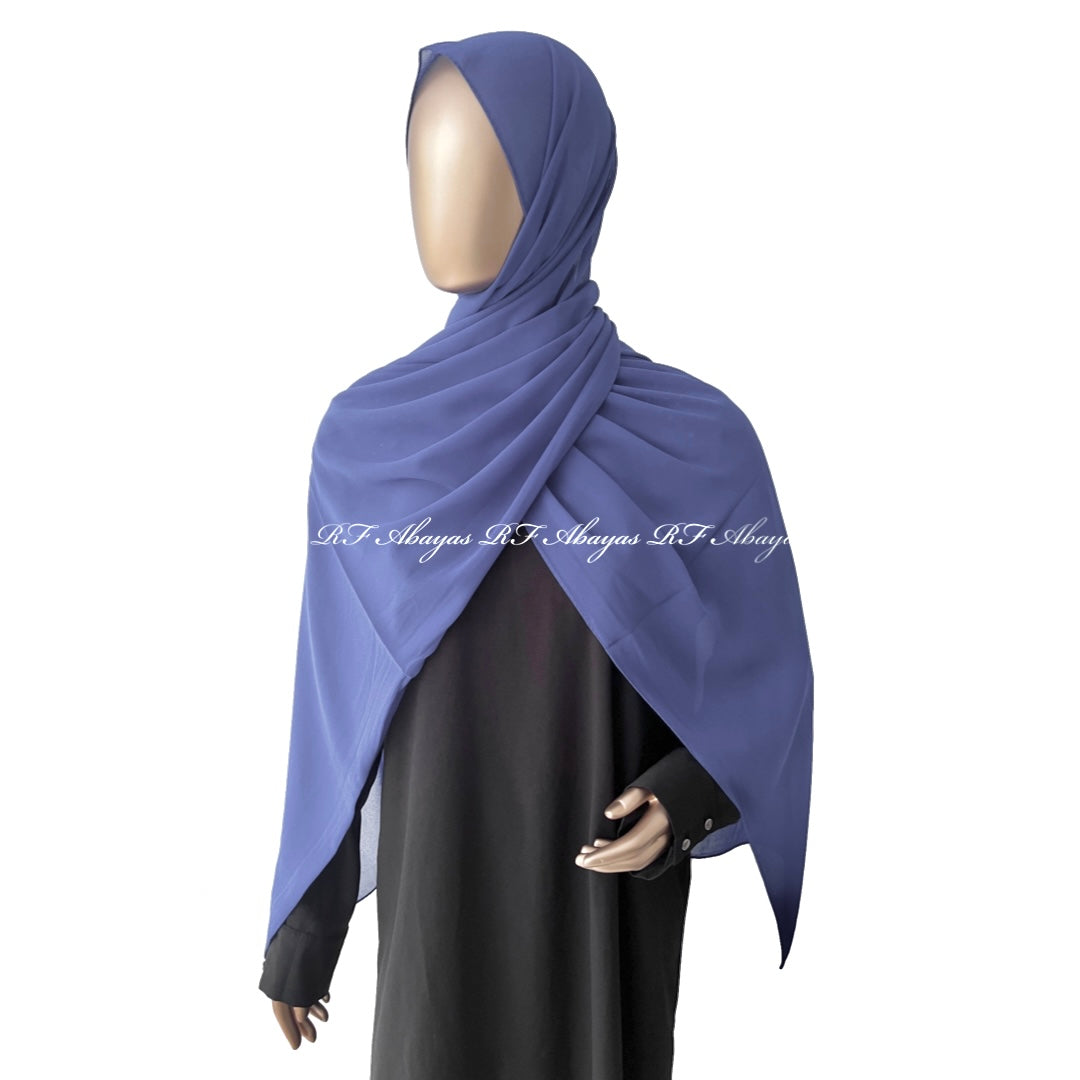 Slate-colored RF Abayas premium Malaysian Georgette hijab displayed with soft draping and elegant fabric texture.