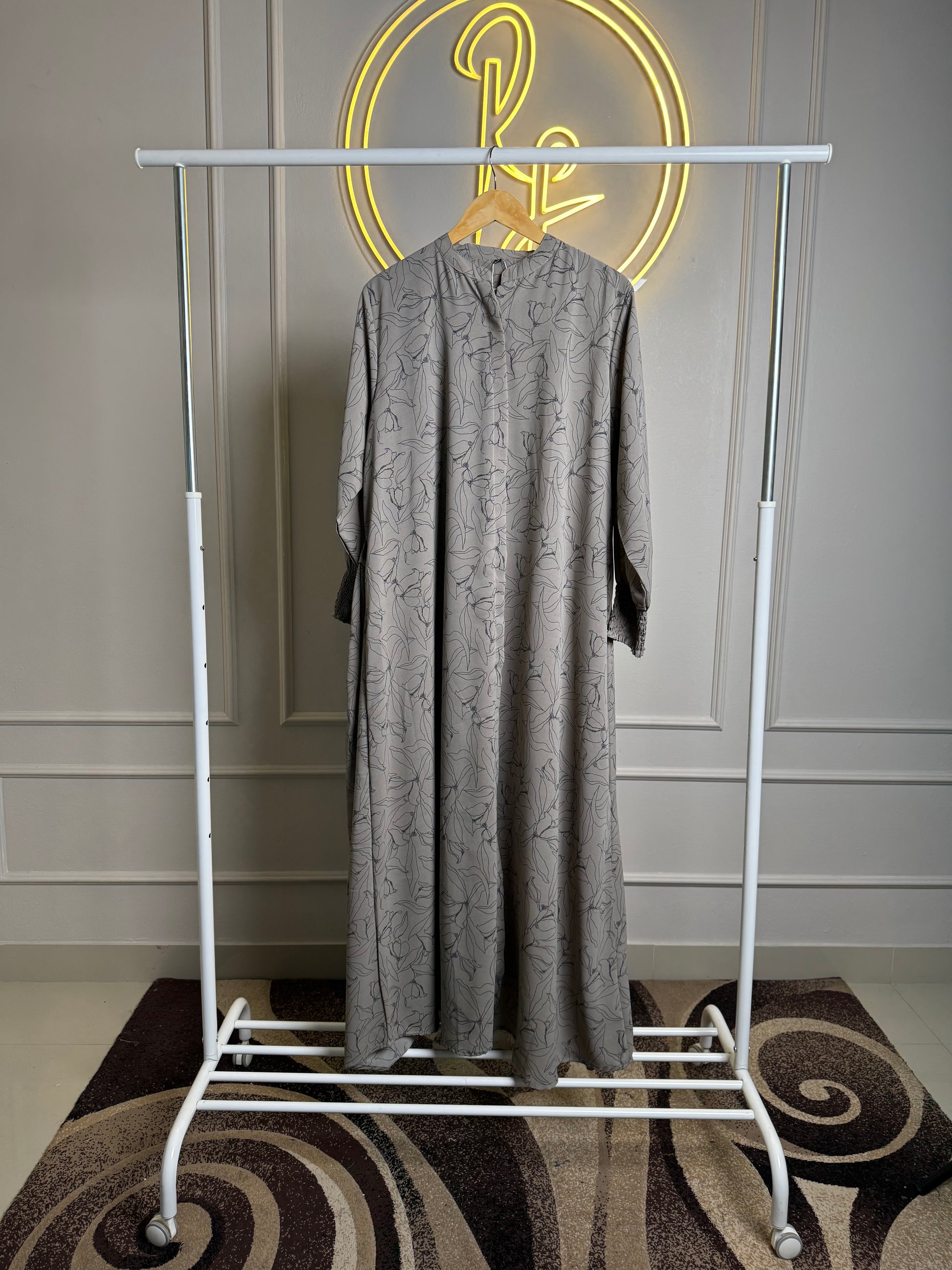 Taupe Printed Maxi Gown with Chinese Neck - 56” Length ( 3XL & 2 XL ) - RF Abayas