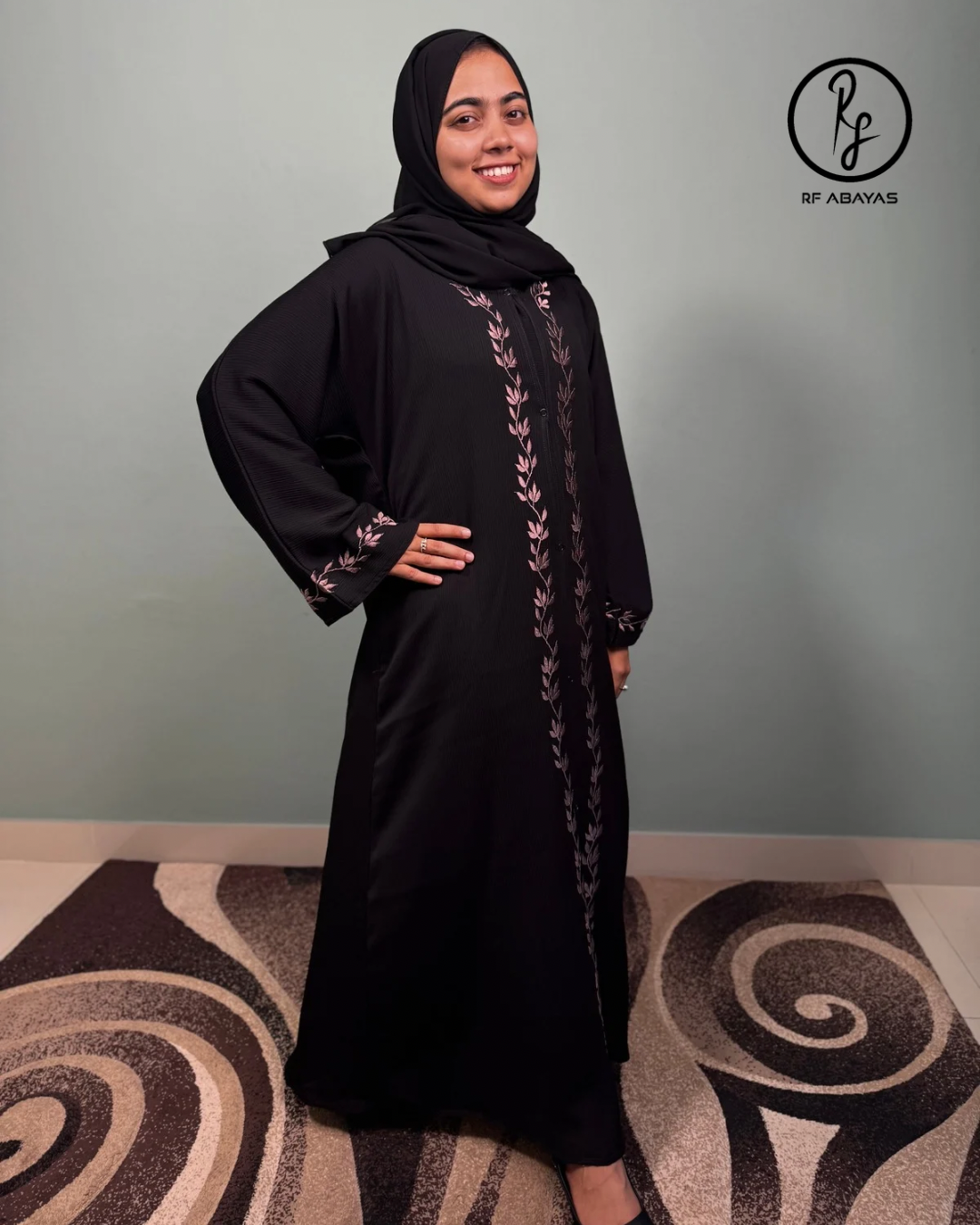 Zoom Abaya with Dusty Pink Leaf Embroidery - RF Abayas