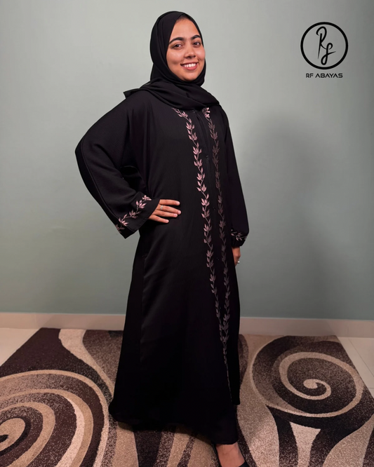Zoom Abaya with Dusty Pink Leaf Embroidery - RF Abayas