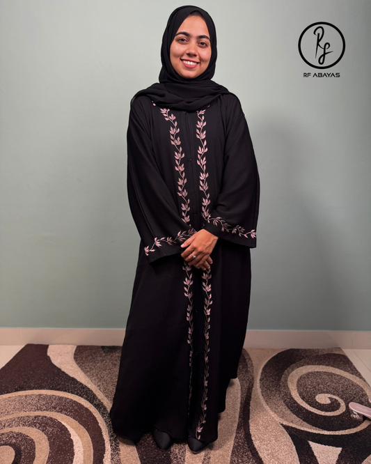 Zoom Abaya with Dusty Pink Leaf Embroidery - RF Abayas